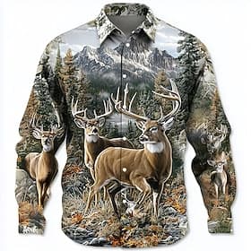 Men's Reindeer Nature Forest Shirt Button Up Shirt Long Sleeve Vintage Retro Outdoor Camping  Hiking Hunting Spring Fall Turndown 3D Print Collared Shirts Blue