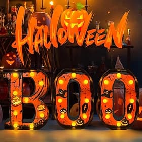 Halloween Decorations Indoor-3 LED Marquee Light Up Letters Black Boo Sign Halloween Letter Lights for Home Indoor Kitchen Fireplace Party Table Decor Supplies