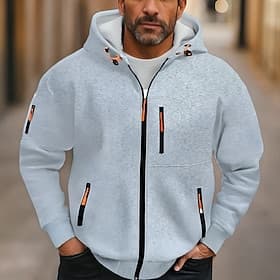 Men's Hoodie Full Zip Hoodie Fleece Hoodie Light Grey Hooded Plain Pocket Daily Sports  Outdoor Holiday Polyester Streetwear Basic Casual Fall Winter Clothing