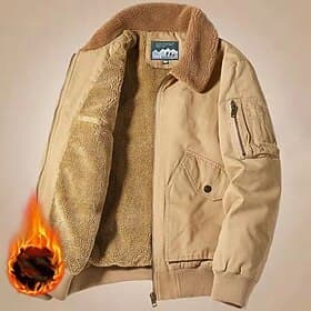 Men's Winter Jacket Bomber Jacket Fleece Jacket Vacation Daily Thermal Warm Pocket Fleece Winter Plain Fashion Streetwear Lapel Regular Black Khaki Army Green