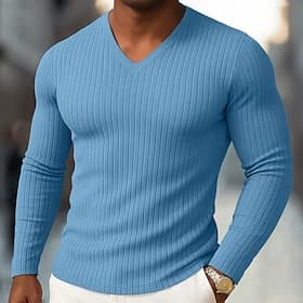 Per uomo Maglietta Canotta Muscolare Maglietta a Maglia a Coste Camicia a Maniche Lunghe Manica Lunga Scollo a V Primavera Autunno Inverno Semplice Striscia di thumbnail 2