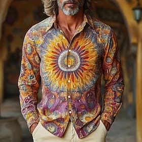 Men's Sunflower Floral Print Ethnic Shirt Button Up Shirt Long Sleeve Vintage Retro Casual Outdoor Holiday Spring Fall Turndown 3D Print Collared Shirts Orange