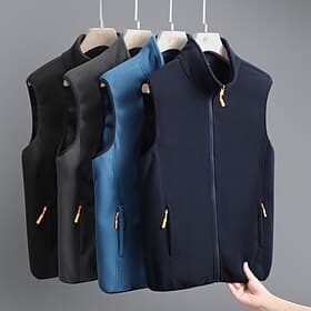 Men's Fleece Vest Vest Gilet Outdoor Daily Fashion Casual Fall Winter Pocket Polyester Thermal Warm Plain Zipper Stand Collar Regular Fit Black Blue Dark Blue