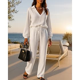 Women's 2 Piece Outfits Lounge Sweatsuit Drawstring Solid Colored Clothing Suit Fall Black White Vocation Outdoor Travel Lightweight Fashion Long Sleeve Sport