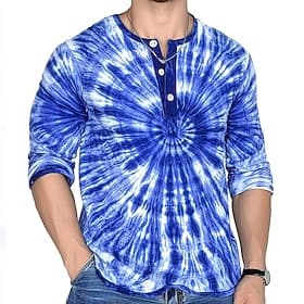 Men's Tie Dye Retro Vintage Henley Shirt Tee Long Sleeve Shirt Long Sleeve Fashion Streetwear Basic Casual Vacation Sports Spring   Fall Blue Lake blue Purple