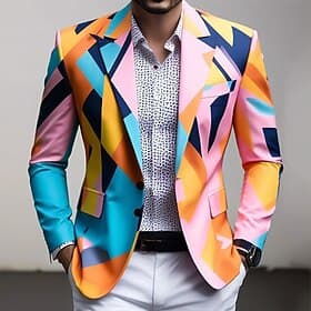 Men's Blazer Coat Casual Casual Daily Modern Fall / Winter 70%POLYESTER25%COTTON5%SPANDEX Color Block Abstract 3D Print Buttons Thermal Warm Comfortable Single