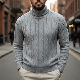 Men's Pullover Sweater Jumper Knit Sweater Ribbed Cable Knit Regular Tops Knitted Plain Turtleneck Fashion Casual Vacation Daily Wear Clothing Apparel Fall  Wi