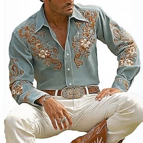 Men's Floral Print Flowers Shirt Western Shirt Cowboy Shirt Long Sleeve Vintage Retro Outdoor Vacation Spring Fall Turndown 3D Print Linen Like Shirt Blue Purp