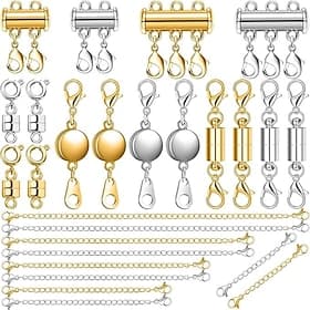 26 Pcs Necklace Extender and Magnetic Jewelry Clasp, Includ 5 Size  5 Style Magnetic Clasps, Necklace Layering Clasps and Bracelet Extender Chain for Easier We