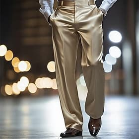 Men's Trousers Dress Pants Silk Like Satin Pants Baggy Pants Pocket Straight Leg Plain Breathable Full Length Wedding Party Business Fashion Streetwear White G