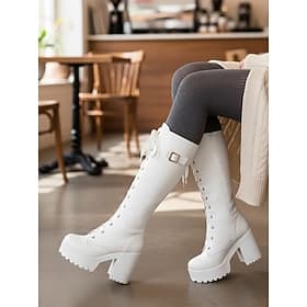 Women's White Platform Knee High Lace Up Boots with Block Heel and Buckle Strap - Retro Fashion Shoes for Party, Cosplay and Night Out