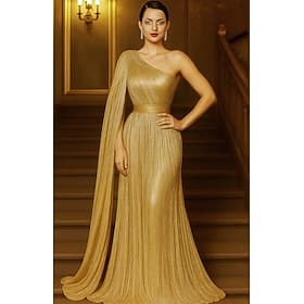 A-Line Floor Length Ball Gown with Cape Evening Gown Formal Dress Elegant Short Sleeve One Shoulder Wedding Formal Capes Sequined Lurex Fabric with Glitter Ple