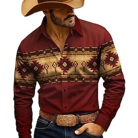 Men's Geometric Aztec Ethnic Shirt Western Shirt Cowboy Shirt Long Sleeve Vintage Retro Outdoor Camping  Hiking Hunting Spring Fall Turndown 3D Print Button Up