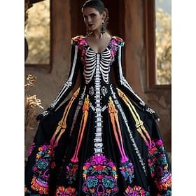 Women's Maxi Dress Pleated Dress Boho Party Date Going out Regular Fit Skull Long Sleeve V Neck Black Wine Fall Winter