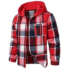 Men's Shirt Jacket Casual Jacket Hoodied Jacket Shacket Vacation Daily Breathable Pocket Spring Fall Plaid Fashion Classic Hooded Regular Black Red Orange Gree