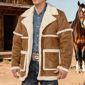 Herren Imitat-Lederjacke Winterjacke Sherpa-Jacke Urlaub Täglich Thermowarm Tasche Fleece Winter Farbblock Mode Streetwear Revers Regulär Khaki Kaffee Jacken