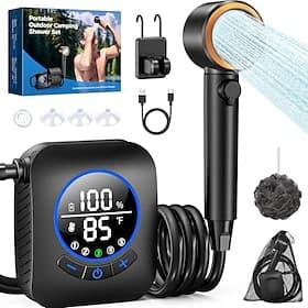 Portable Camping Shower, 8000mAh Rechargeable 5-Sided Intake Shower Pump, 5 Gallons Foldable Bucket, Outdoor Shower Head For Hiking Beach, Travel, Pet Bath, Ca