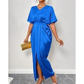 Women's Long Dress Maxi Dress Satin Dress Party Dress Cocktail Dress Elegant Modern Evening Party Party Regular Fit Plain Short Sleeve V Neck Yellow Royal Blue