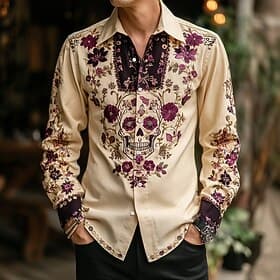 Men's Skull Floral / Flower Day of the Dead Shirt Western Shirt Cowboy Shirt Long Sleeve Dark Gothic Style Outdoor Holiday Spring Fall Turndown 3D Print Button