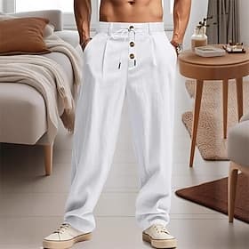 Voor heren Linnen broek Broek Zomerbroek Strandbroeken Zak Knop Effen Comfort Ademend Dagelijks Strand Vakantie Hawaii Boho Zwart Hemelsblauw