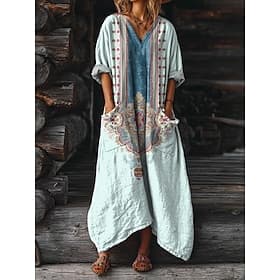 Robe Maxi Boho pour Femmes Robe A Ligne Vacances Décontractée Quotidienne Ajustement Normal Taille Lâche Floral Graphique à Manches Longues Col V Rose Rose Fon