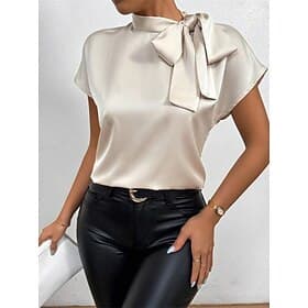 Femmes Chemise Elegant Habillé Haut en satin Nœud Couleur Unie Élégant Basique Occasionnel Manche Courte Col haut Hauts Réguliers Quotidien Sortir Bleu Noir Vi