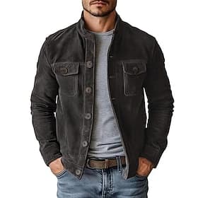 Men Faux Suede Jacket Windbreaker Brown Suede Jacket Casual Casual Daily Windbreaker Pocket Plain Fall Winter Spring   Fall Solid Color Vintage Fashion Stand C