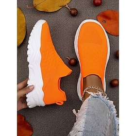 Women's Orange Slip-On Flyknit Sneakers – Breathable Mesh Lightweight Walking Shoes with Chunky Sole for Casual and Sport