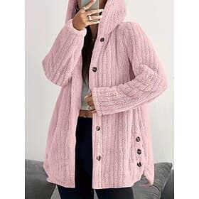 Women's Sherpa Jacket Comfortable Breathable Pocket Buttons Casual Plain Vacation Street Casual Daily Wear Single Breasted Long Hooded Loose Fit Long Sleeve Ou