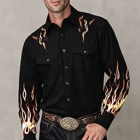 Men's Flame Shirt Western Shirt Cowboy Shirt Long Sleeve Vintage Retro Casual Outdoor WorkWear Spring Fall Turndown Front Two Pockets Linen Like Shirt Button U