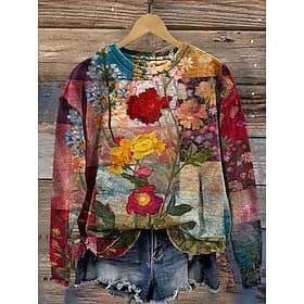 Women's Pullover Sweatshirt Patchwork Floral Graphic Casual Long Sleeve Crew Neck Regular Tops Casual Home Work Red Spring Fall Winter