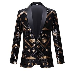 Men's Blazer Jacket Shawl Collar Fashion Geometric Blazer Black / Gold Slim Fit Single Breasted One-button