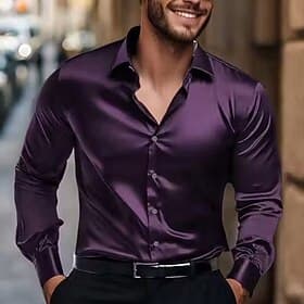Men's Shirt Satin Shirt Dress Shirt Casual Shirt Button Up Shirt Plain Formal Wedding Black Blue Dark Purple Long Sleeve Lapel Spring   Fall All Seasons Clothi