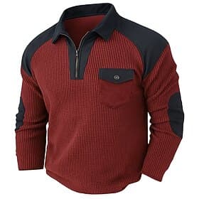 Men's Waffle Tee Waffle Henley Shirt Shirts With Elbow Patches Long Sleeve Lapel Quarter Zip Fall Winter Autumn Solid Color Fashion Basic Casual Pockets Patchw