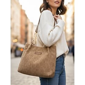Women's Corduroy Tote Shoulder Bag with Leather Straps, Casual Large Capacity Handbag for Shopping, Travel, Work and Daily Use