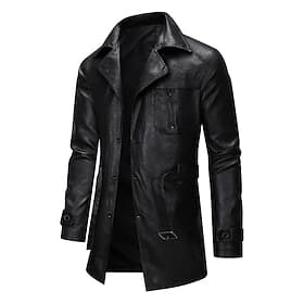 Men's Overcoat Trench Coat Long Trench Coat Vacation Daily Spring Fall PU Leather Windproof Outerwear Clothing Apparel Fashion Classic Plain Pocket Lapel Singl