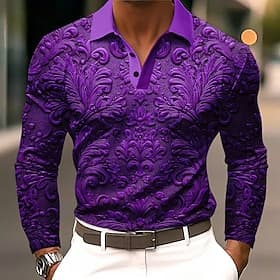 Men's Floral Polo Long Sleeve Polo Shirts Lapel Business Casual Athleisure Daily Wear 3D Print Buttons Spring Fall Winter Blue Purple