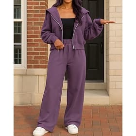 Women's Zip Up Hoodie Tight Top 2 Piece Tracksuit Baggy with Pocket Solid Colored Clothing Suit Fall Pink Purple Hiking Vocation Outdoor Long Sleeve Sport Acti