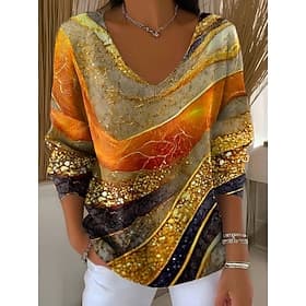 Women's Sweater Elegant Fashion Streetwear Floral Graphic V Neck Knitted Long Sleeve Regular Tops Knit Weekend Yellow Ginger Fall Winter