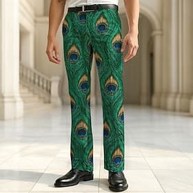Men's Dress Pants Trousers Casual Pants Suit Pants Peacock Feather Full Length Vacation Party Retro Vintage Blue Green Micro-elastic
