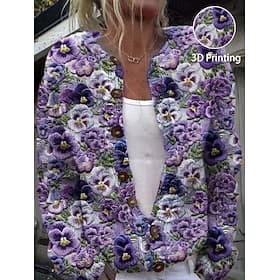 Women's Cardigan Sweater Knitted Ribbed Button Front Round Neck Long Sleeve Lightweight Elegant Vintage Fashion Floral Crew Neck Print Regular Tops Knit Outdoo
