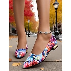 Women's Colorful Floral Print Low Heel Flats with Metallic Accent - Artistic Vintage Style Comfortable Shoes for Autumn Streetwear and City Strolls