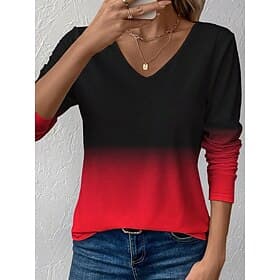 Women's T Shirt Print Ombre Graphic Vintage Stylish Classic Long Sleeve V Neck Regular Tops Daily Blue Red Purple Orange Green Spring Fall Winter