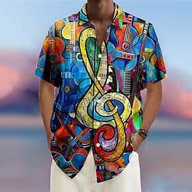 Men's Music Guitar Rock and Roll Shirt Summer Hawaiian Shirt Button Up Shirt Short Sleeves Fashion Streetwear Designer Outdoor Street Casual Summer Spring Turn