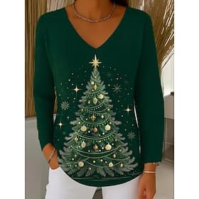 Femmes Pull Mode Streetwear Occasionnel Graphique Arbre de Noël Col en V Oversize Tricoté manche longue Hauts Réguliers Tricoter Extérieur Quotidien Vert Print