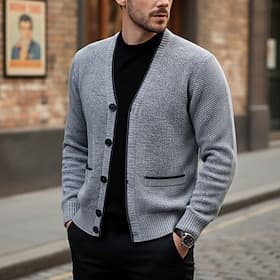 Men's Sweater Cardigan Fleece Sweater Knit Knitted Solid Color V Neck Stylish Daily Clothing Apparel Winter Red Blue S M L