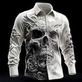 Men's Skull Intricate Floral Shirt Button Up Shirt Long Sleeve Dark Gothic Style Outdoor Holiday Spring Fall Turndown 3D Print Collared Shirts White 1 White