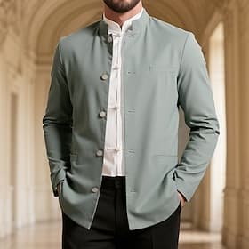 Voor heren Linnen jas Formeel Huis Knop minimalistische Lente Herfst Herfst Alle seizoenen Effen Kleur Actief Vintage Overhemdkraag Normaal Marineblauw Groen