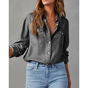 Women's Shirt Blouse Pocket Buttons Plain Casual Long Sleeve Shirt Collar Regular Tops Daily Holiday Going out Dark Gray Spring Fall
