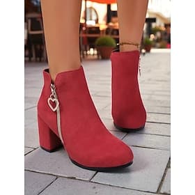 Women's Red Heart Charm Block Heel Ankle Boots - Faux Suede Zip-Up Booties for Christmas, Date Nights  Casual Daily Wear